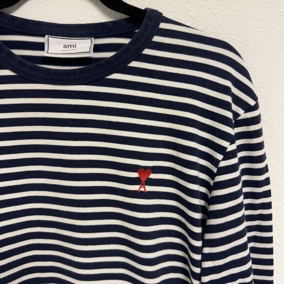 AMI Paris Alexandre Mattiussi Long Sleeve Shirt Size XL Heart Navy White Stripe - Picture 3 of 7